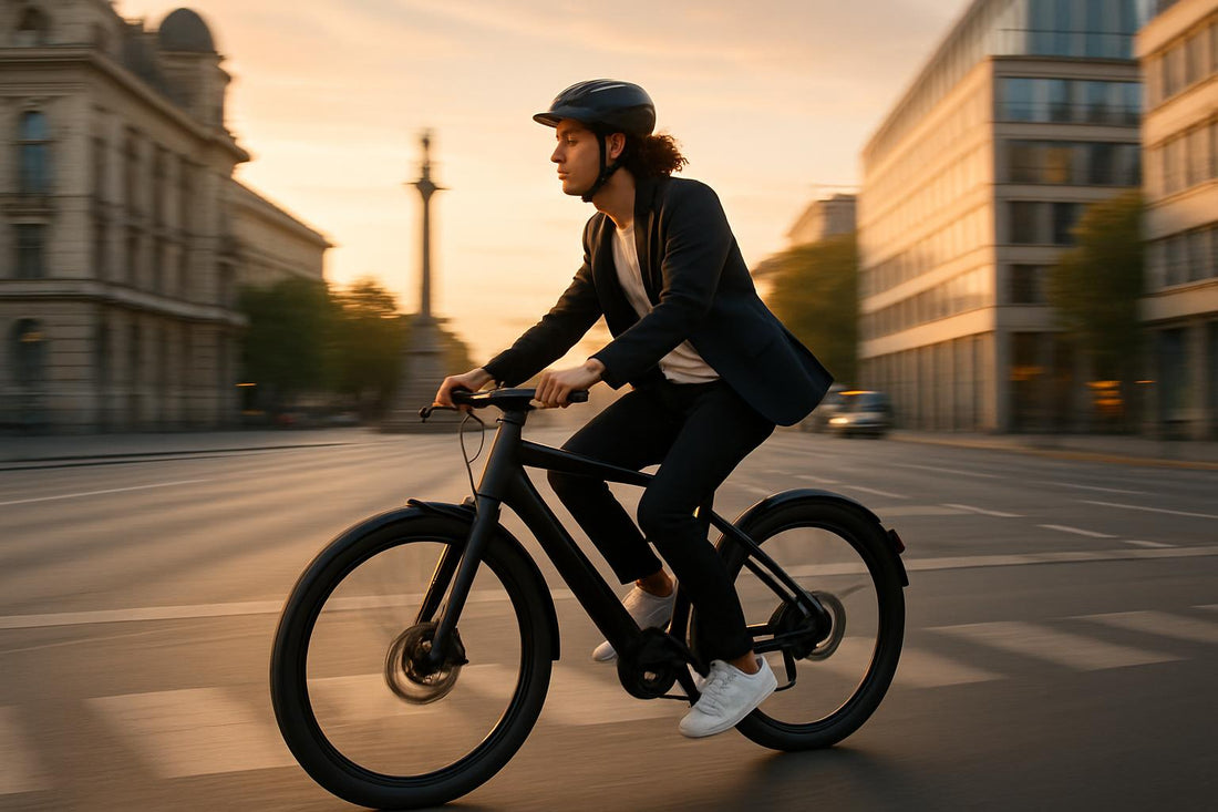 Dojeżdżanie do pracy na e-bike cznym przez europejskie miasto w 2025 r., ilustrujące, czy e-bikes są warte zachodu w przypadku podróży miejskich